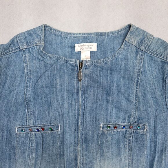Christopher & Banks Zip Up Long Sleeve Denim Jean Jacket Womens Size M Blue - Picture 1 of 9